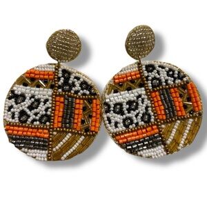 Statement Earrings Large Round Circle Glass Seed Bead Beaded Tribal Leopard EUC